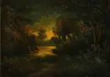 William Keith, Cows watering at sunset, oil on canvas