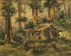 Meyer Straus, Log cabin in the forest, watercolor on paper