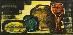 Cady Wells, Wine glass and fruit, ink and watercolor on paper