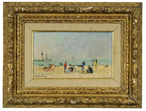 André Hambourg, [Sur la plage], "a. hambourg" oil on canvas