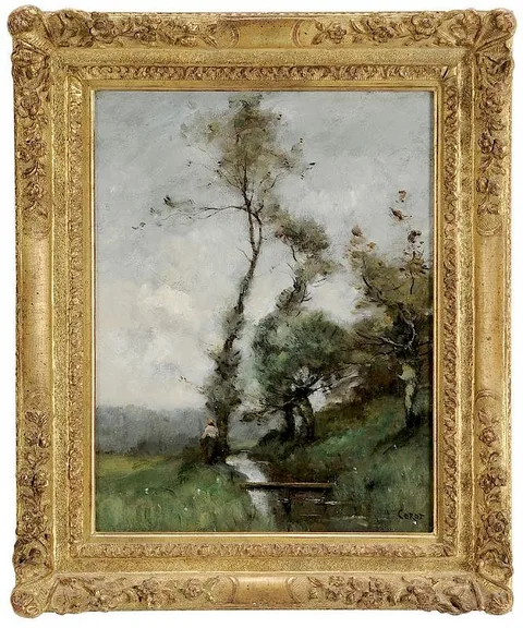 Jean-Baptiste Camille Corot, Landscape with Footbridge over a Stream, spurious signature lower right "Corot, oil on canvas