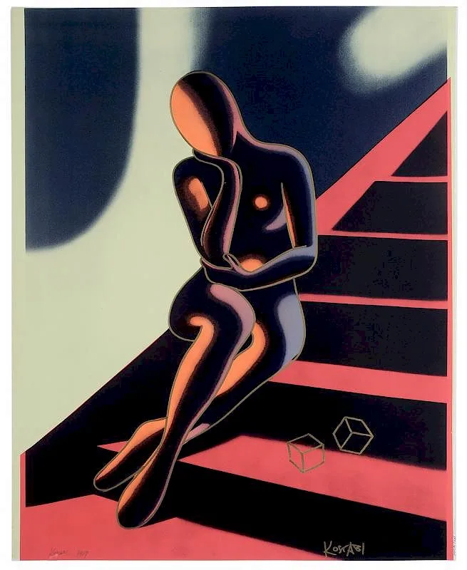Mark Kostabi, Upwardly Mobile, 1989, offset lithograph with gold marker highlights on heavy paper