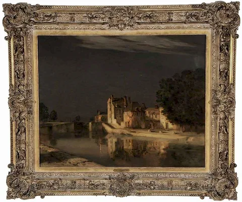 Jean-Charles Cazin, Moonlit Canal, oil on canvas
