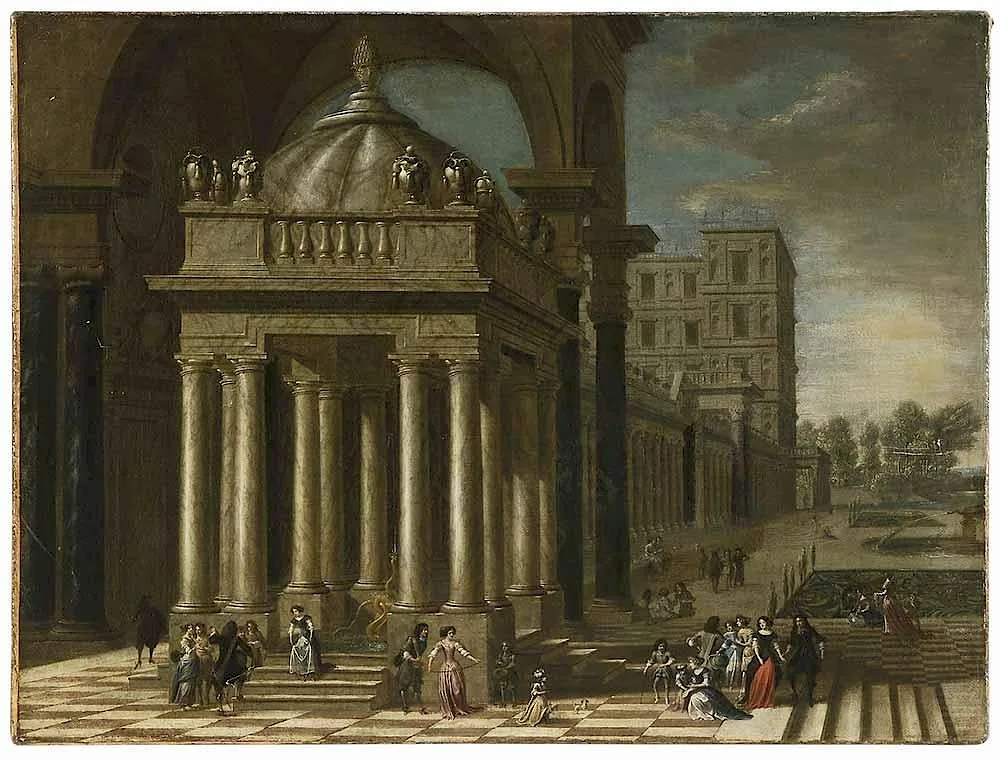 Jacobus Ferdinandus Saey, A Classical Portico with Fountain, Elegant Company on a Palatial Terrace with Formal Gardens, oil on canvas