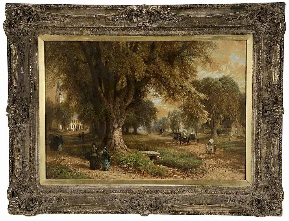 Albert Fitch Bellows, The Village Elms (Sunday Morning in New England), 1871, mixed media on paper board