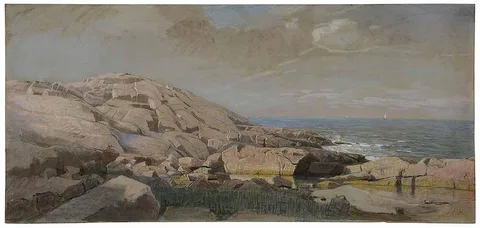 William Stanley Haseltine, The Maine Coast at Sunset, mixed media on green/gray paper