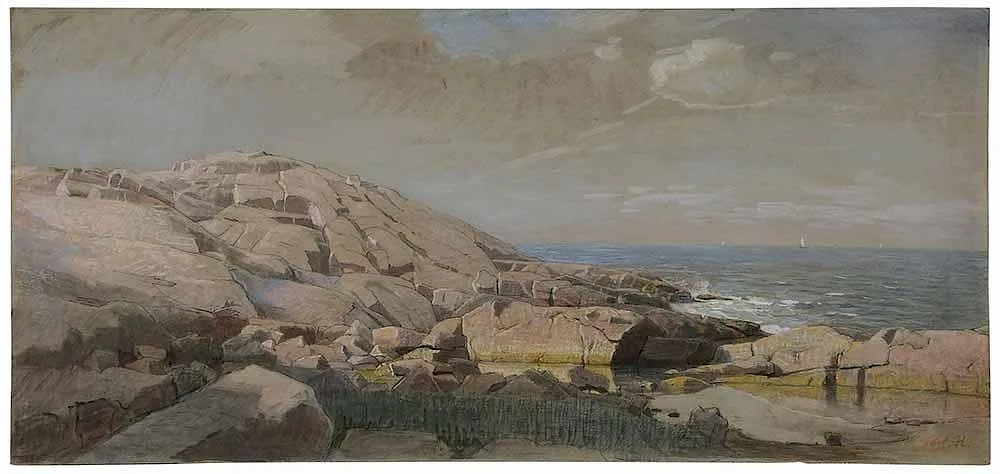 William Stanley Haseltine, The Maine Coast at Sunset, mixed media on green/gray paper