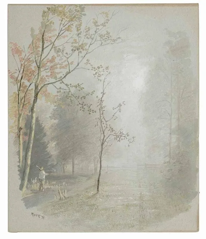 Sunlit Clearing by William Trost Richards, 1879, watercolor on blue paper, offered Mar 2017