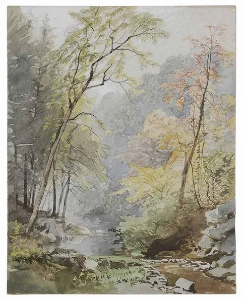 William Trost Richards, Woodland Stream, watercolor on blue paper