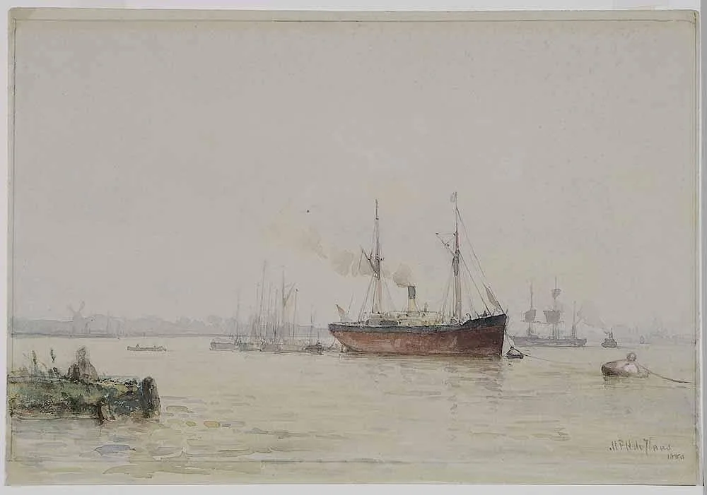Mauritz de Haas, Shipping in a Harbor, watercolor on green paper