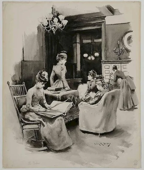 The Parlor by Irving Ramsey Wiles, ink and ink wash on heavy paper, sold Mar 2017