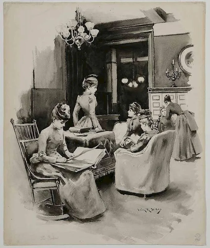 The Parlor by Irving Ramsey Wiles, ink and ink wash on heavy paper, sold Mar 2017