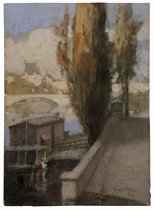 George Haushalter, Women Doing Laundry by a Bridge, France, 1911, watercolor on gray paper