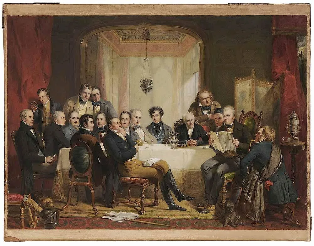 Thomas Faed, Sir Walter Scott and His Literary Friends at Abbotsford, 1849, watercolor and body color on paper wrapped on panel stretcher with remnants of red wax seals verso