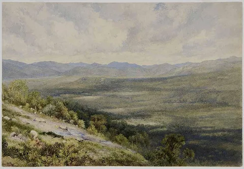 John William Hill, Mountains, Valley, Sheep, 1858, watercolor on paper