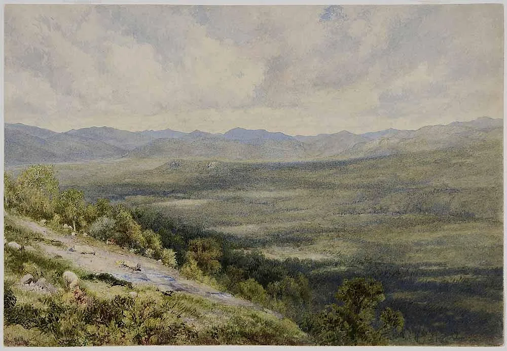 Mountains, Valley, Sheep by John William Hill, 1858, watercolor on paper, sold Mar 2017
