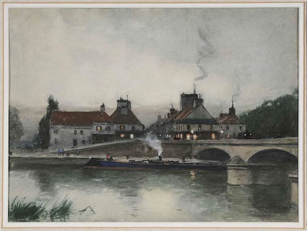 Henry Ward Ranger, On the Barge at Dusk, gouache on card