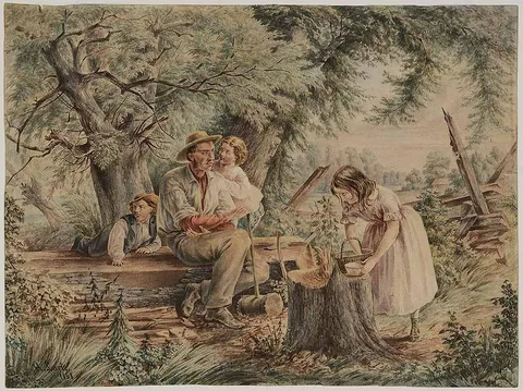 Henri Lovie, A Break from Rail Splitting, watercolor on paper