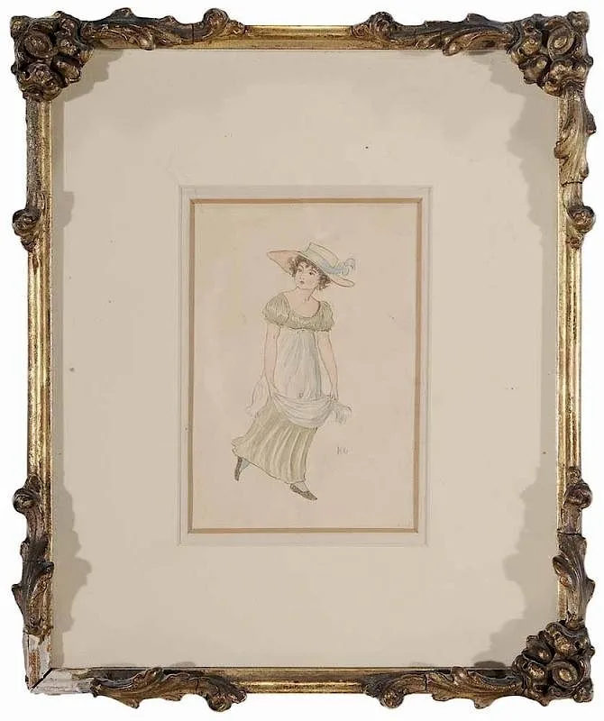 Kate Greenaway, Strolling Woman, watercolor on paper