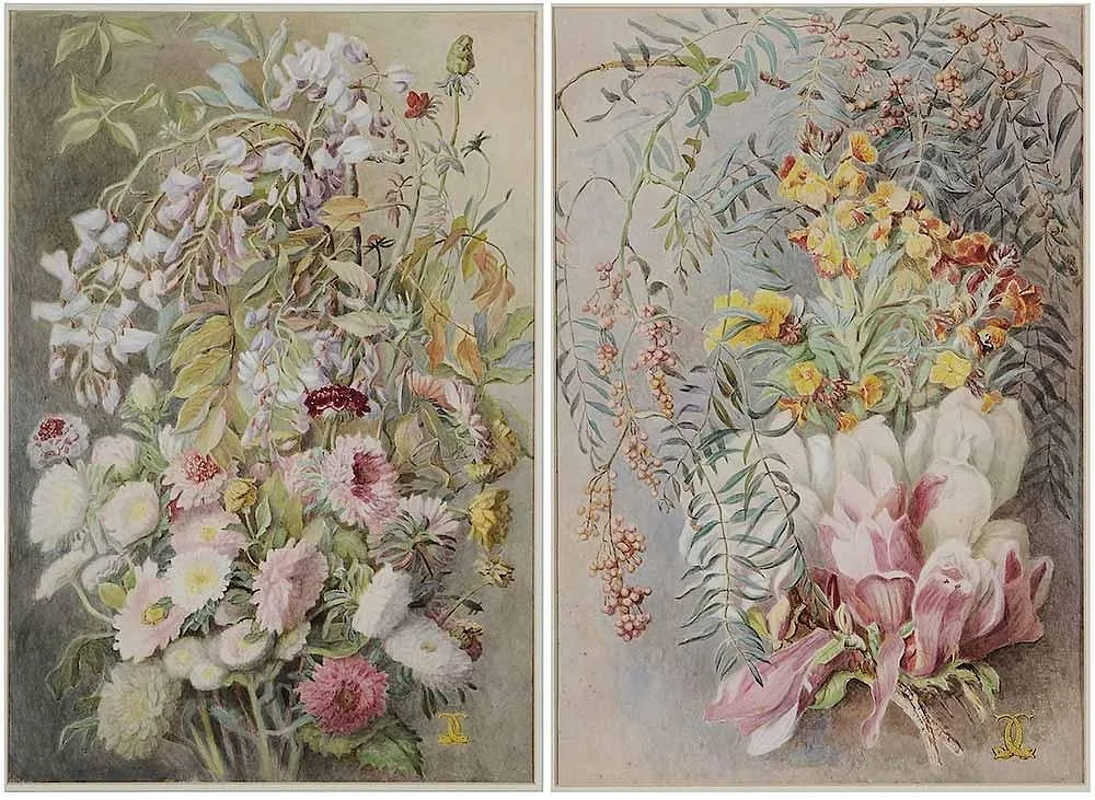 Caroline Petigru Carson, Southern Floral Bouquets, a pair, both signed with conjoined dolphin cypher monogram "CC, watercolor on paper