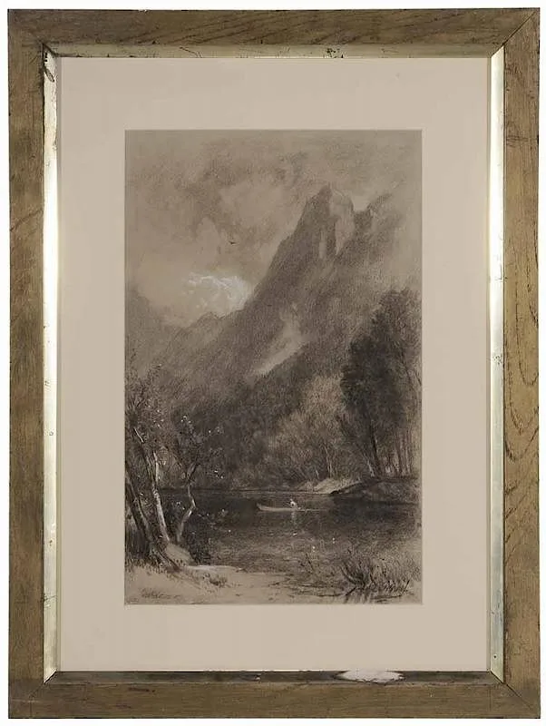 Samuel Lancaster Gerry, Figure in a Boat on a lake, charcoal and chalk on brown paper