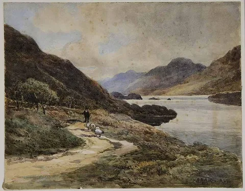 James Alfred Aitken, Shepherd on a Lakeside Path, watercolor on paper