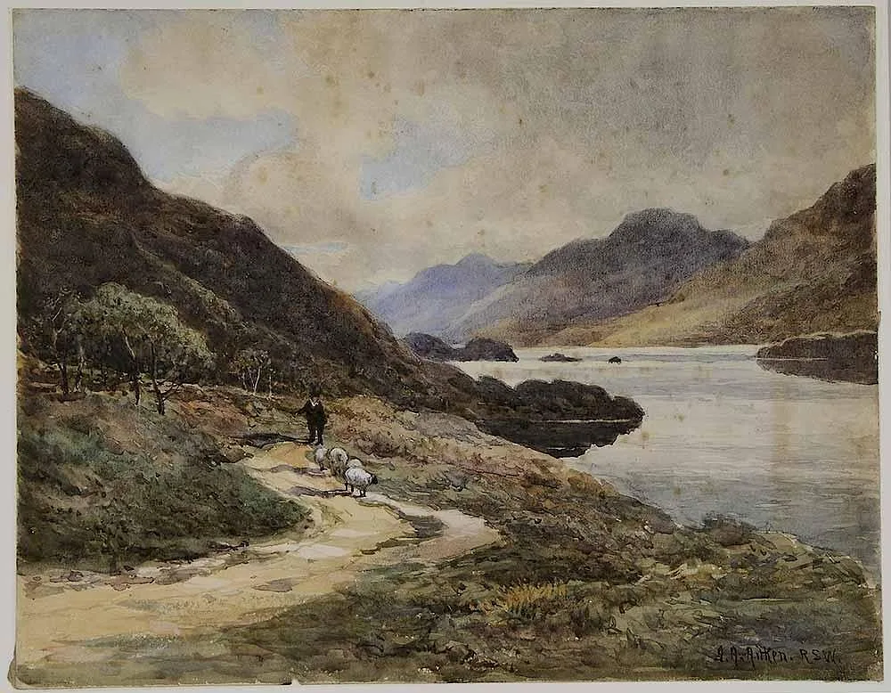 James Alfred Aitken, Shepherd on a Lakeside Path, watercolor on paper