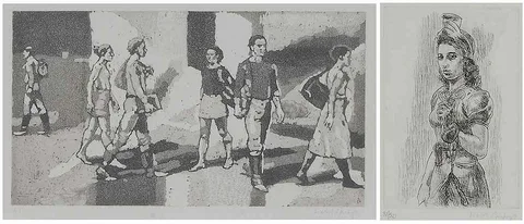 Isabel (Wollf) Bishop, Two figural prints: Pedestrians, etching and aquatint