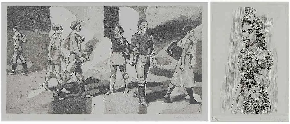Isabel (Wollf) Bishop, Two figural prints: Pedestrians, etching and aquatint