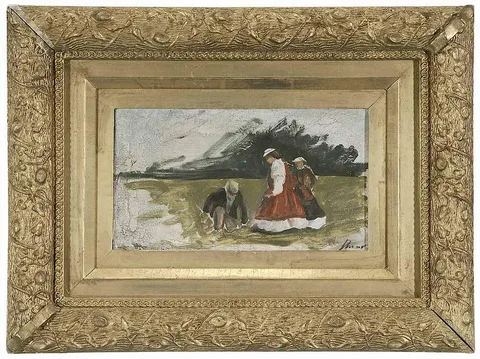 Winslow Homer, [plein air] study presumably for The Croquet Game, 1866, oil on canvas with "C.W. Keenan" colorman stamp verso stretcher