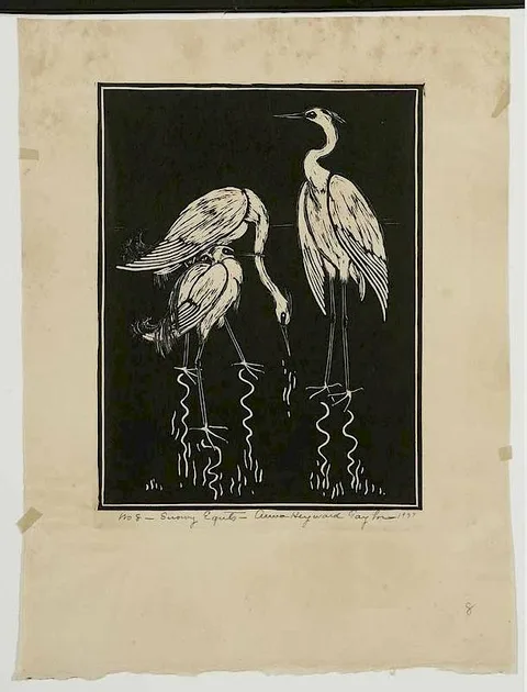 Snowy Egrets by Anna Heyward Taylor, 1937, woodblock on paper, sold Mar 2017