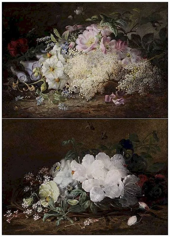 H. Gill, Pair of Still Lifes: one with Hydrangeas, Roses, and Foxgloves, the other with Azaleas, Pansies, Waxflowers, one signed lower right "H:Gill" and signed and inscribed verso, oil on canvas