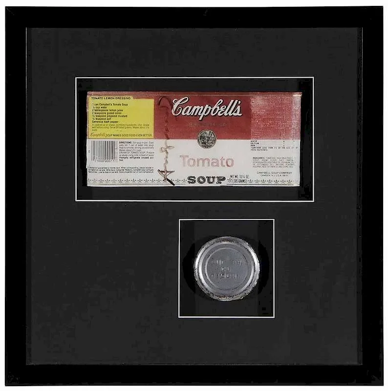 Andy Warhol Autograph, Campbell's Tomato Soup label and lid, ink on print label
