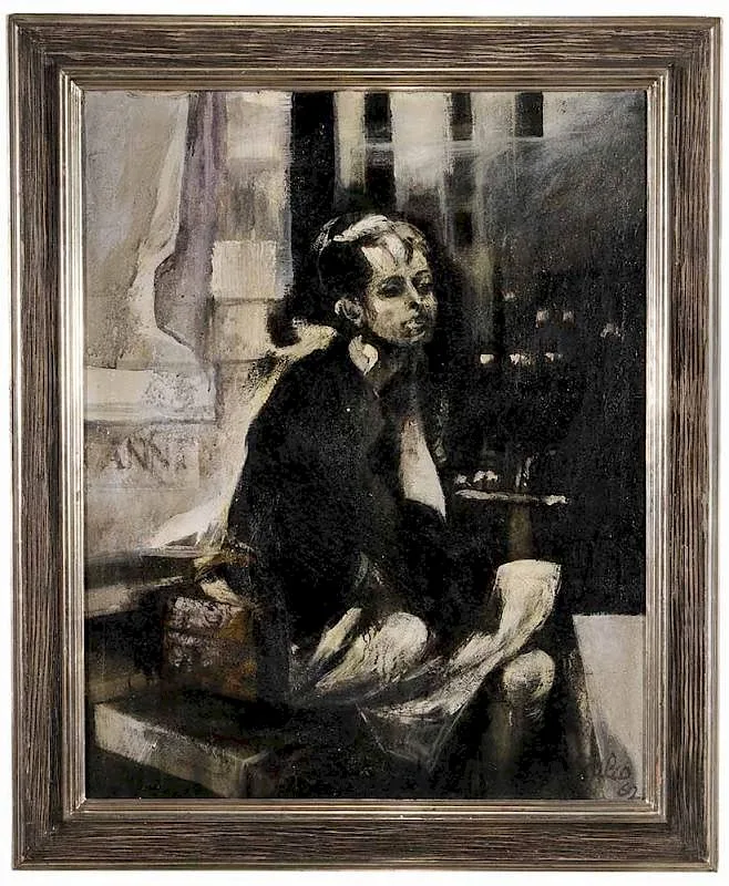 Giorgio Scalco, Woman in a Café, paint and sand on canvas