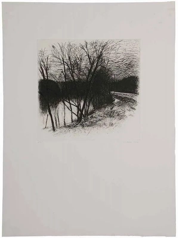 Wolf Kahn, Untitled, Trees by a River, 1978, drypoint etching on cream wove paper
