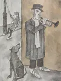 Eddie Mooney, Musician, Dog And Girl At Play, Charcoal and chalk