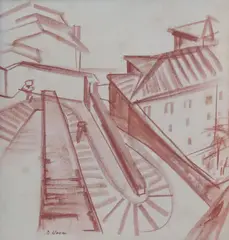 Barbara Warren, Continental Street Scene With Steps, Pastel