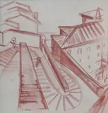 Barbara Warren, Continental Street Scene With Steps, Pastel
