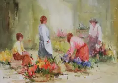 Elizabeth Brophy, Flower Sellers Henry Street, Oil on board