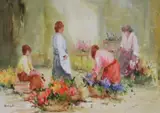 Elizabeth Brophy, Flower Sellers Henry Street, Oil on board