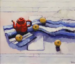 Richard Croft, Still Life, Red Teapot & Apples, Oil on canvas