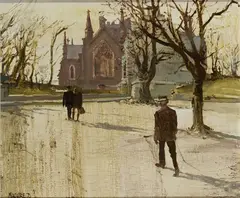 Cecil Maguire, Winter Cathedral, Armagh, Oil on board