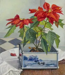 Poinsettia In Delft Cache-Pot by Hilda van Stockum, Oil on board, sold May 2026