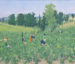 Brett McEntagart, Tomato Pickers, Bourgougnague, France, 1980, Oil on board