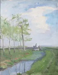 Estella Solomons, River Landscape, Oil on canvas board