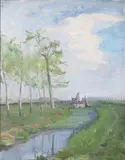 Estella Solomons, River Landscape, Oil on canvas board