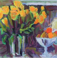 Gary Dolan, Flowers And Fruit, Oil on board