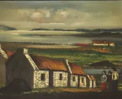 James Bingham, FIGURES by A THATCHED COTTAGE, DONEGAL, Oil on board
