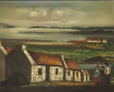 James Bingham, FIGURES by A THATCHED COTTAGE, DONEGAL, Oil on board