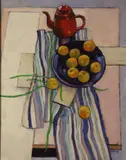 Richard Croft, Still Life With Red Teapot & Plums, Oil on canvas